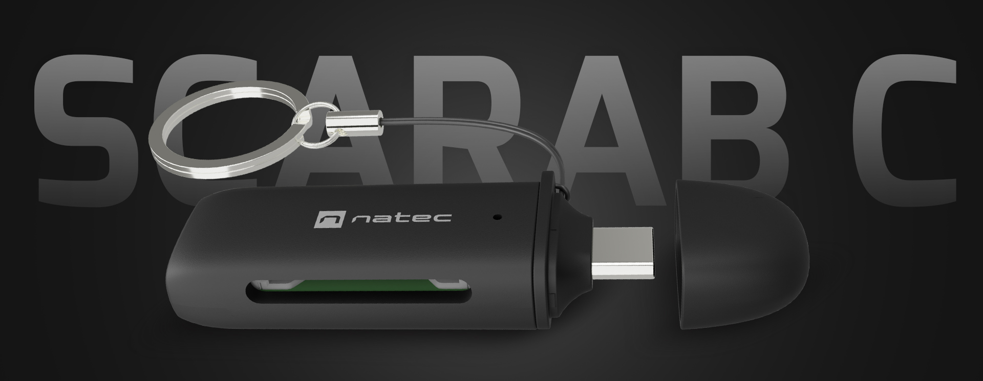 Czarny czytnik kart z nasadką, uchwytem na brelok i gniazdem na karty SD i microSD