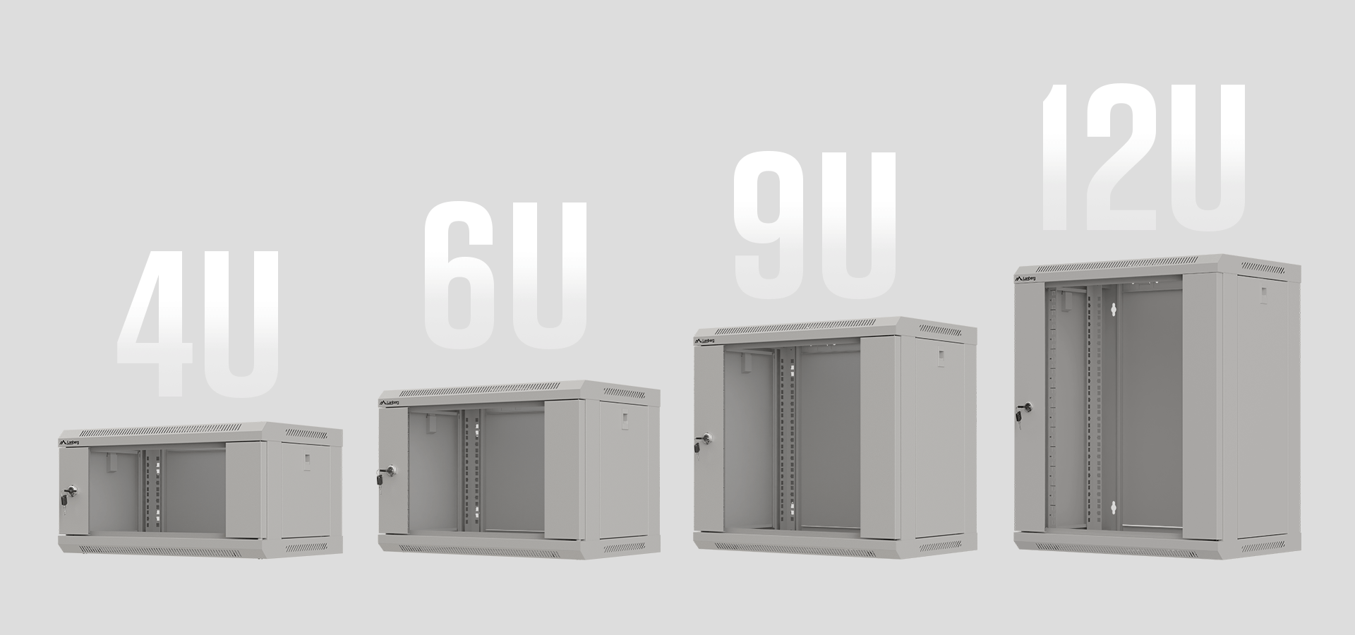 Naścienna obudowa rack 19", rozmiar 12U, z przezroczystymi drzwiami, pokazująca warianty dla modeli 4U, 6U, 9U i 12U w kolorze szarym