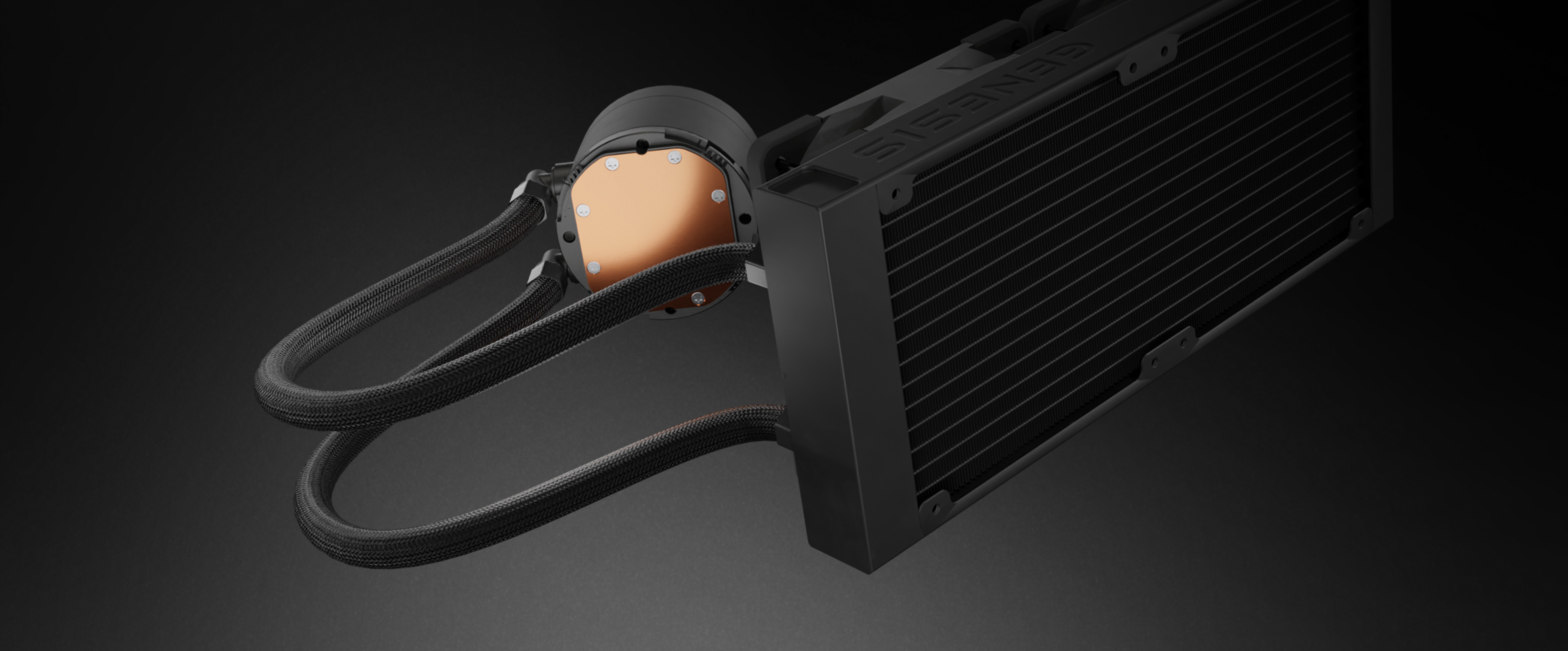 Schwarze Wasserkühlung Genesis Hydria 240 ARGB mit einem schlanken Radiator und Verbindungsrohren. Verfügt über eine integrierte Pumpe