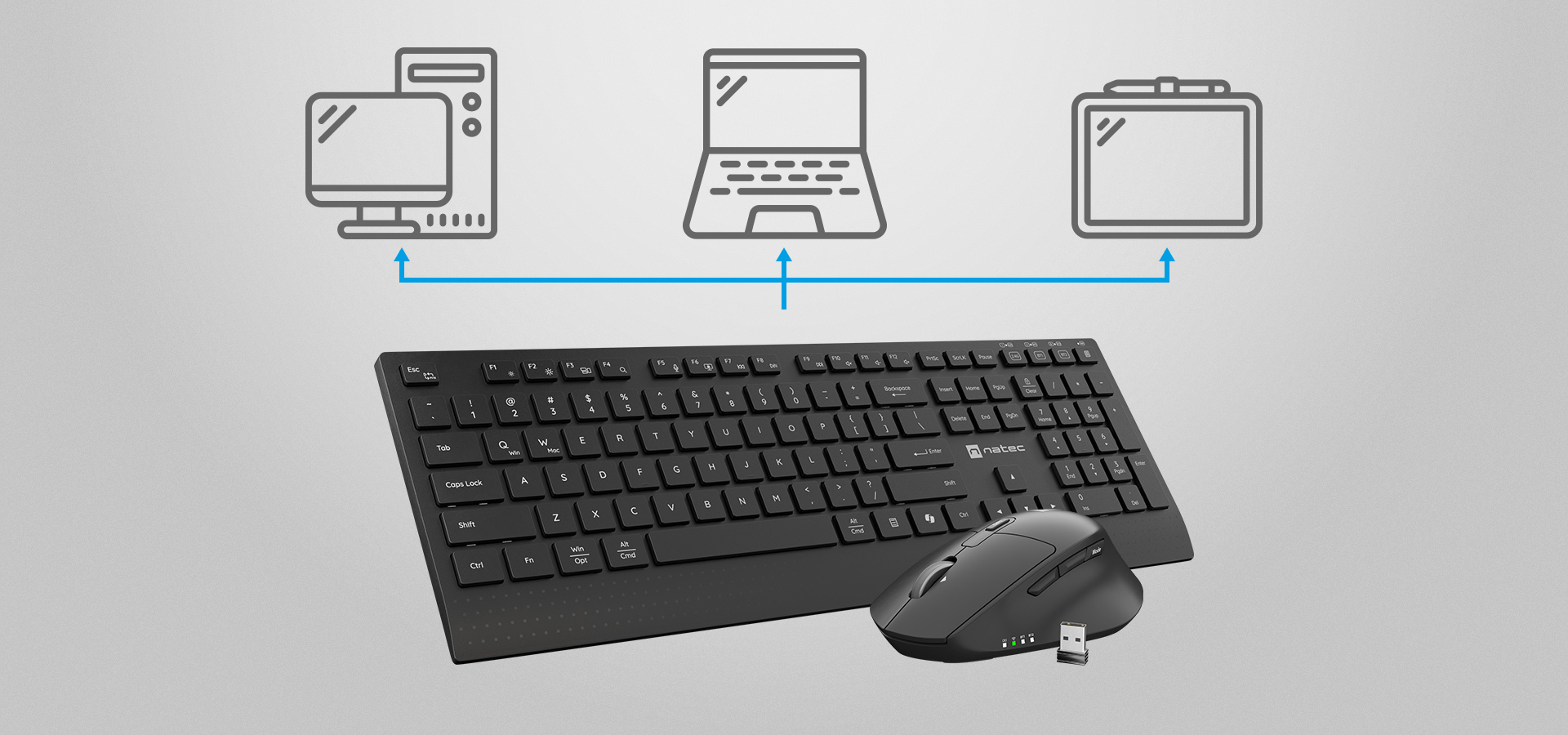 Zestaw bezprzewodowej klawiatury i myszy z ikonami połączenia dla laptopa, komputera stacjonarnego i tabletu. 