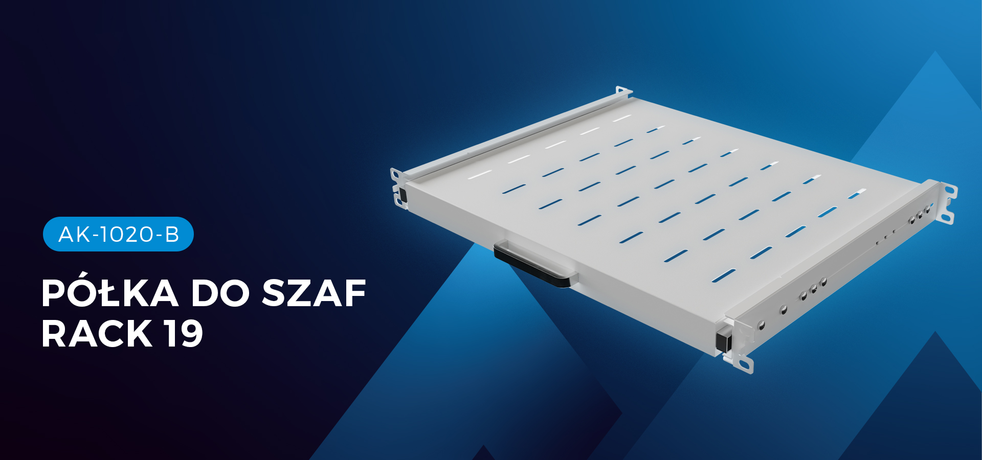 Szara półka rack 19", rozmiar 1U, wymiary 445x350 mm, nośność do 35 kg, wyposażona w 4-punktowy system montażu