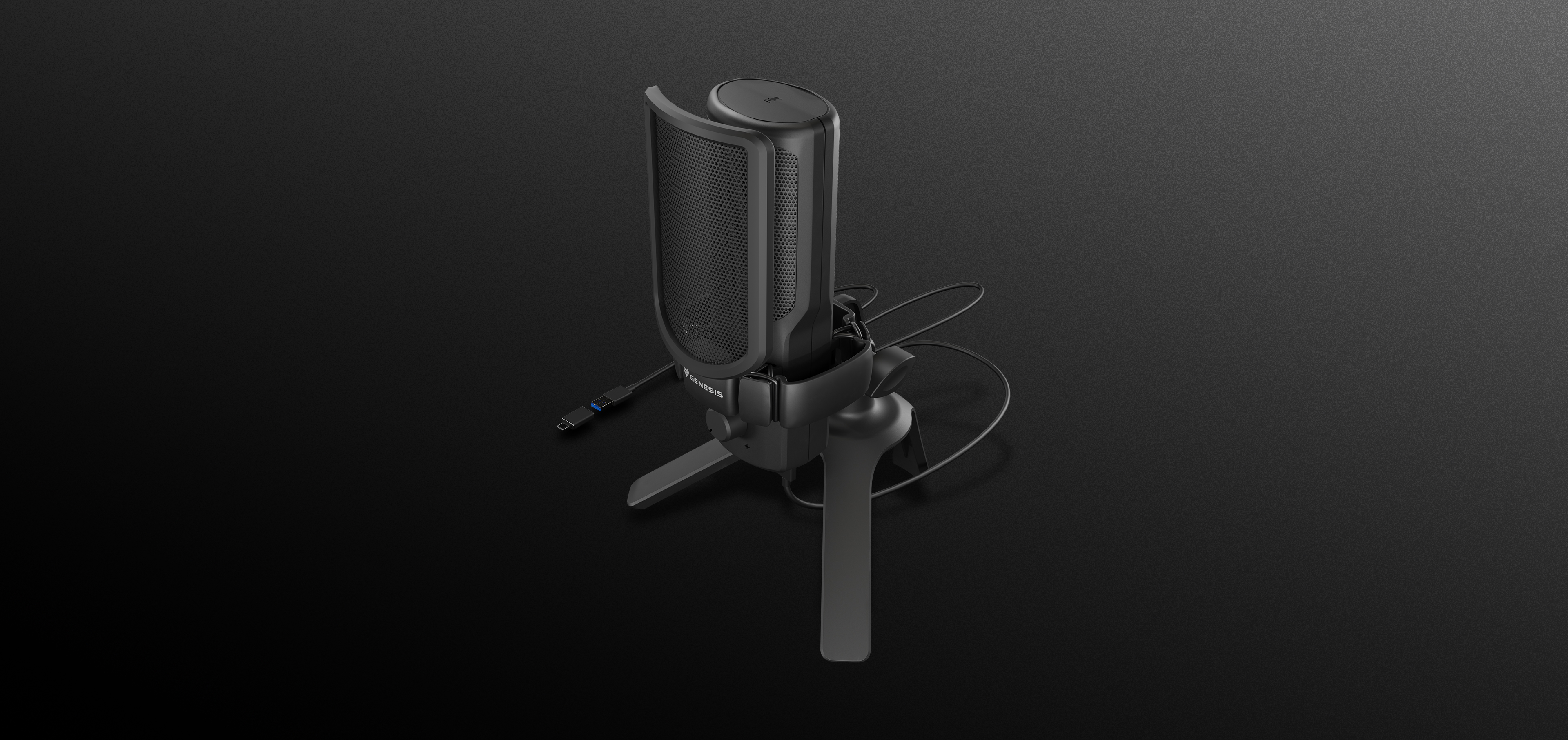 Schwarzes USB-Mikrofon mit schlankem Design, montiert auf einem Stativständer und mit einem Anschlusskabel