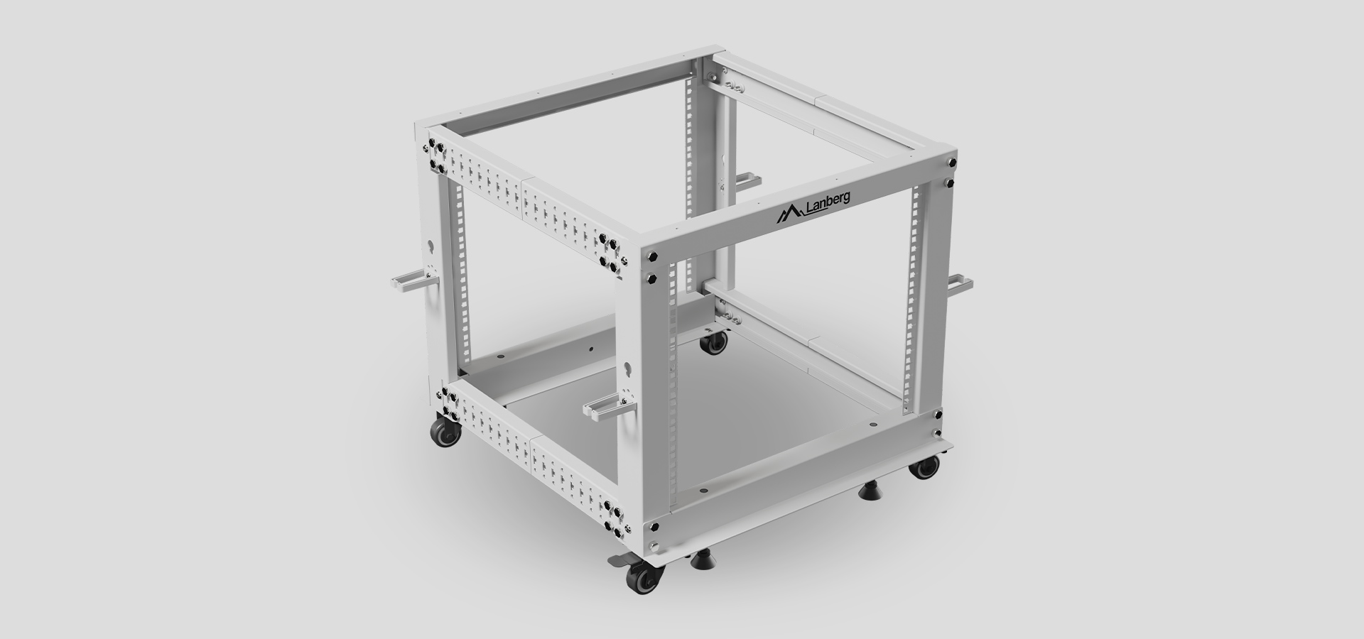 Szara szafa otwarta 19", rozmiar 9U, regulowana wysokość z kółkami dla łatwej mobilności. Idealny do przechowywania i organizacji sprzętu