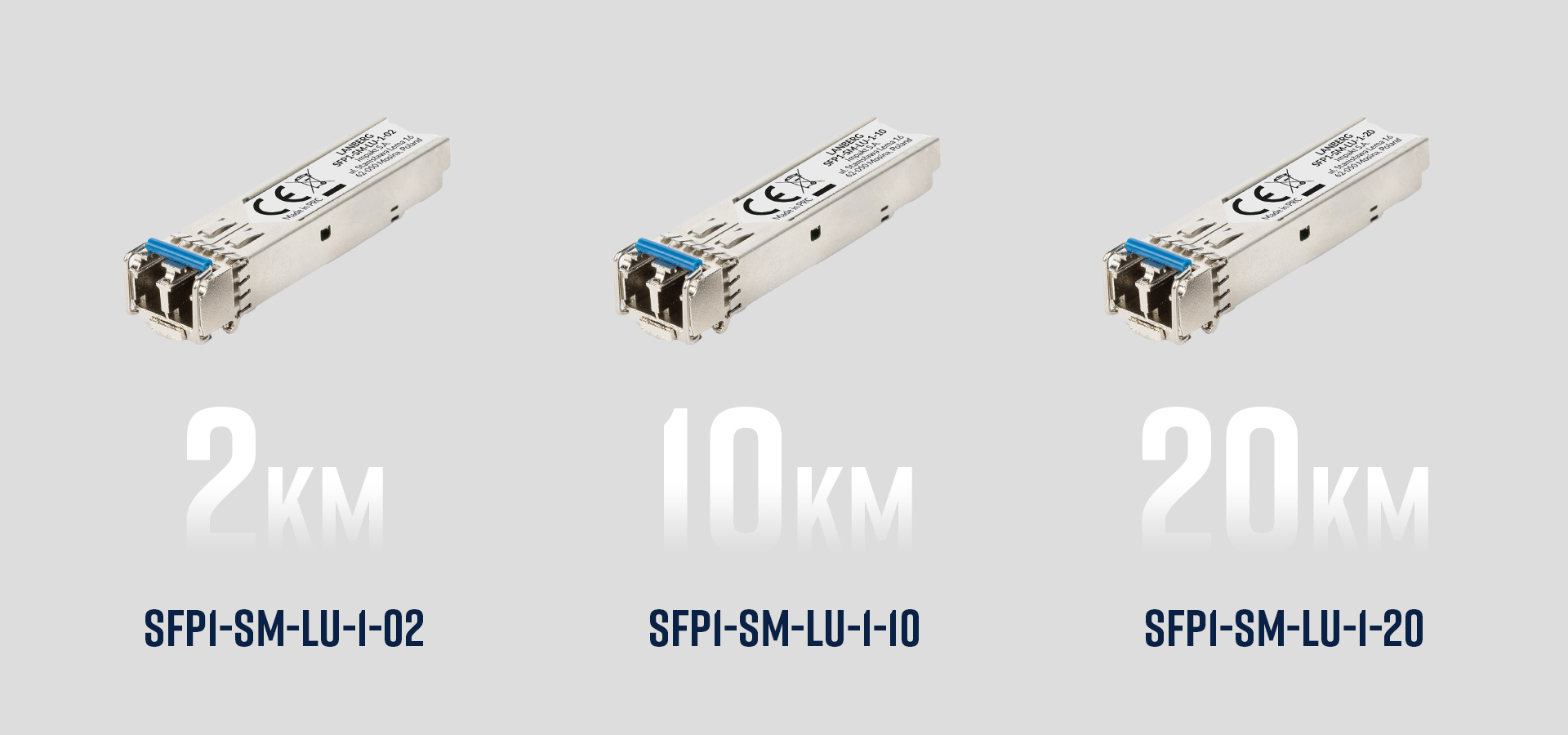 Three optical transceivers labeled for different distances of two, ten, and twenty kilometers.