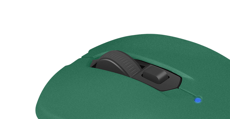 Green computer mouse featuring a scroll wheel and a small blue indicator light.