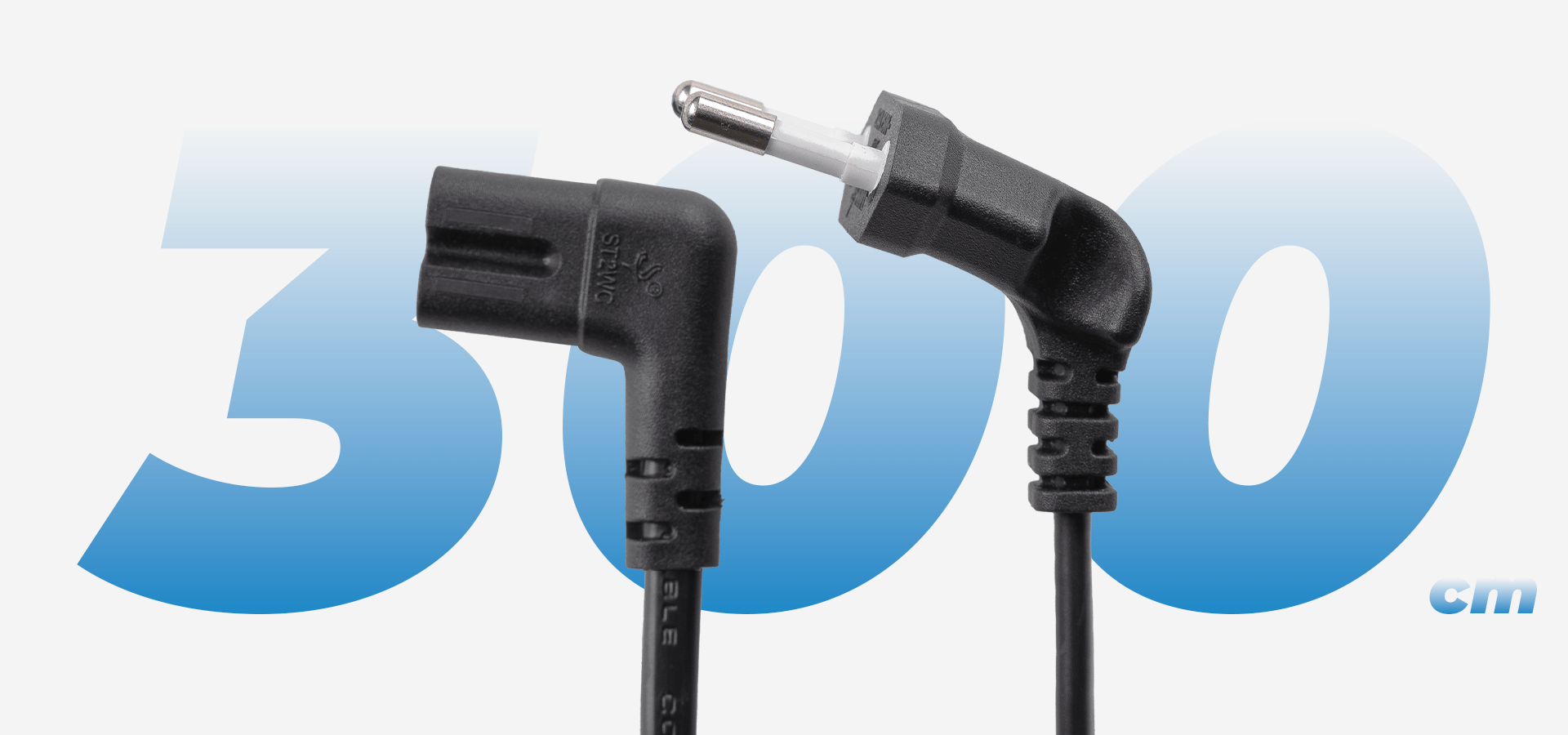 Kabel zasilający z dwoma kątowymi złączami na końcach i czarną osłoną.