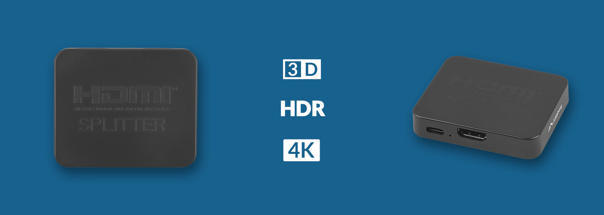 Rozgałęźnik HDMI z dwoma wyjściami HDMI i portem USB-C, obsługujący rozdzielczość 4K i HDR, w eleganckiej czarnej obudowie.