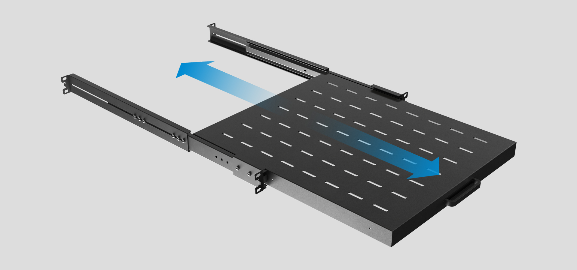 Przesuwna półka rack 19" w kolorze czarnym, wymiary 1U/445x500mm, nośność do 35kg z 4-punktowym systemem montażu