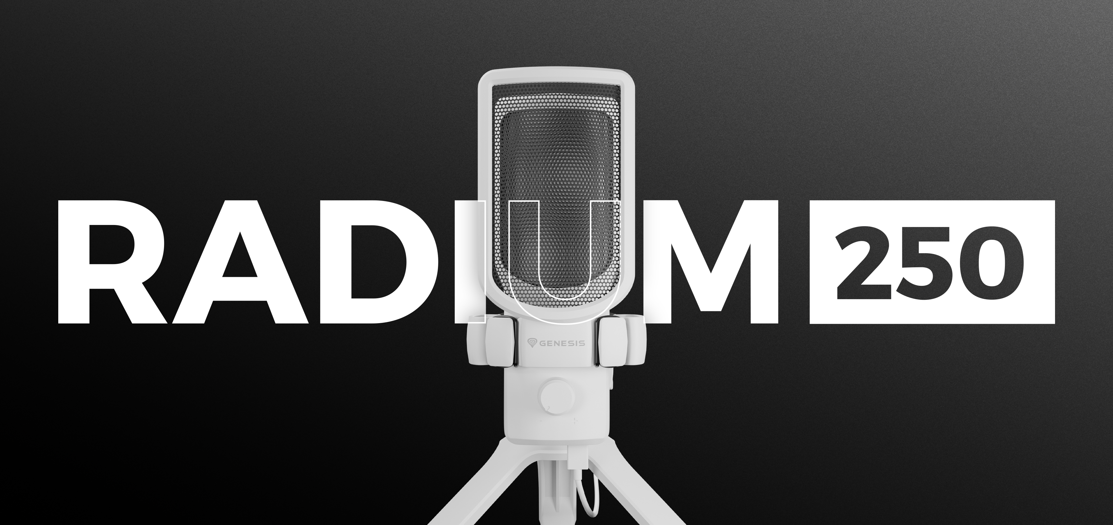 Weißes USB-Mikrofon Genesis Radium 250 auf einem Ständer, mit fettem Text "RADIUM 250" im Hintergrund