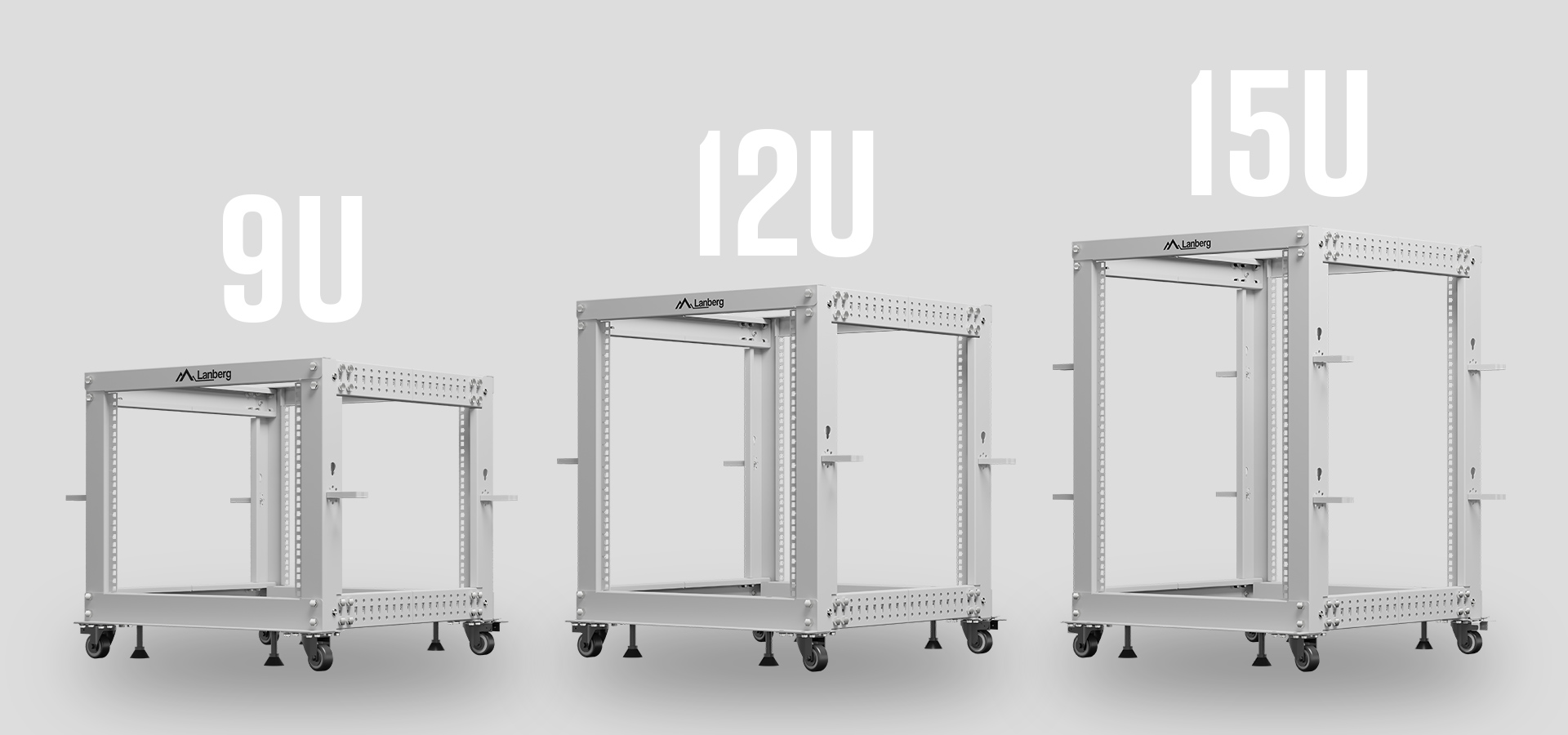 Seria otwartych szaf rack w trzech rozmiarach: 9U, 12U i 15U w kolorze szarym, z regulowaną wysokością i kółkami ułatwiającymi mobilność