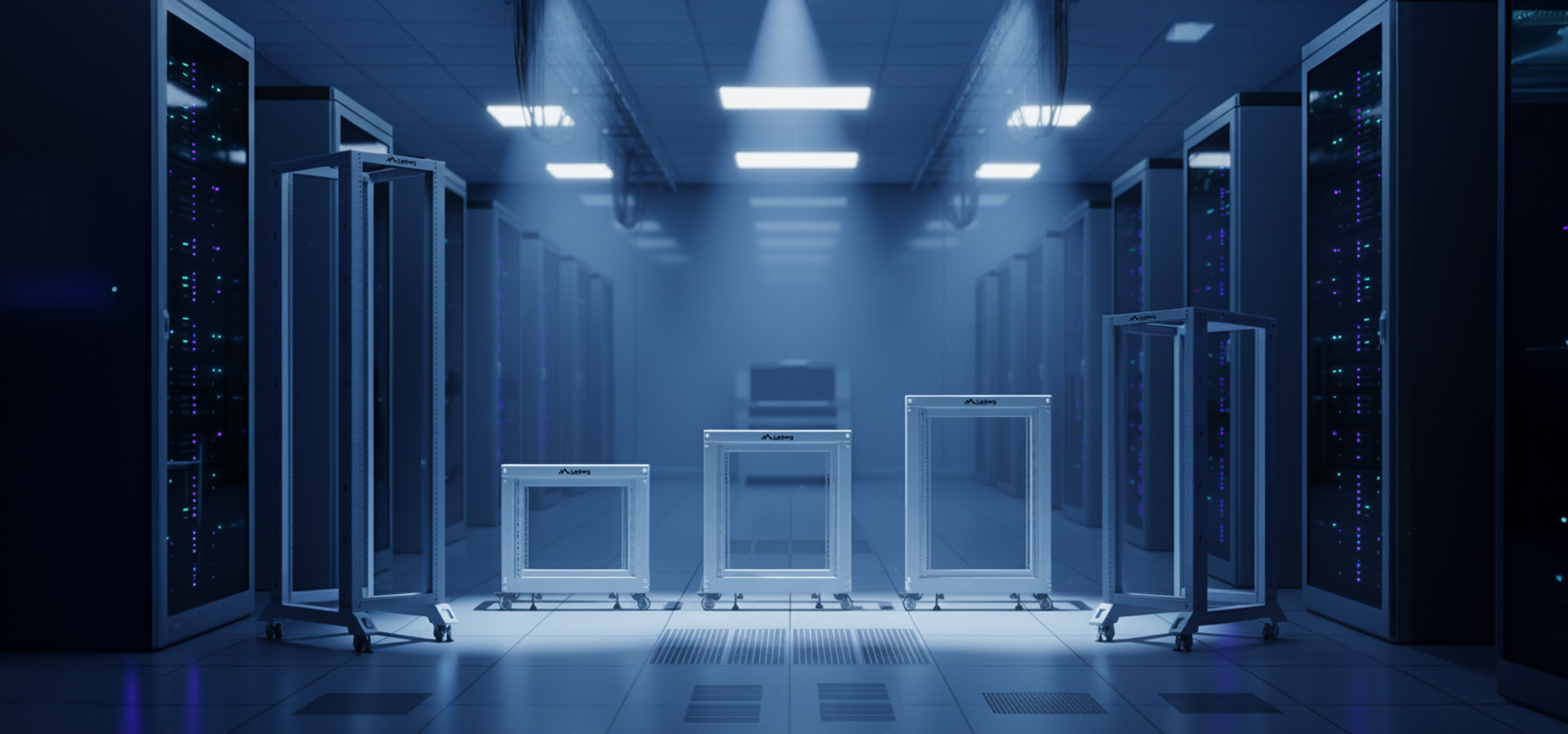 Otwarta szafa 19" w serwerowni, prezentująca różne rozmiary szaf oświetlonych górnym światłem