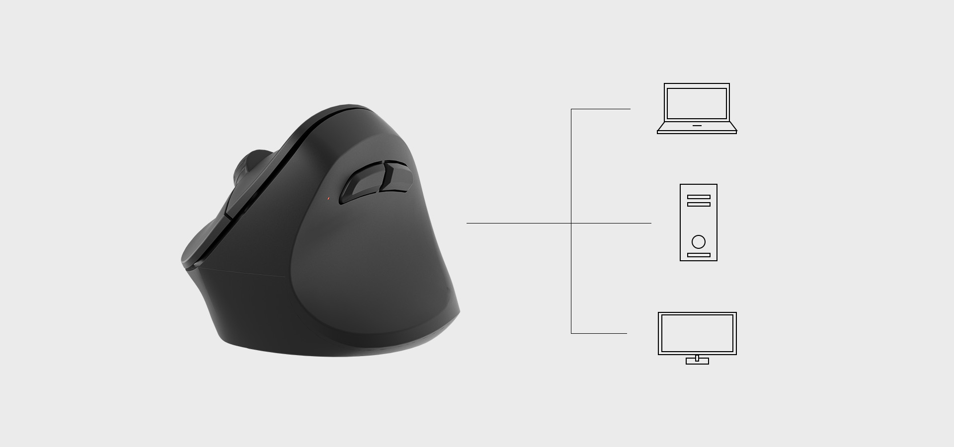 Ergonomic black vertical mouse shown with connection options for various devices.
