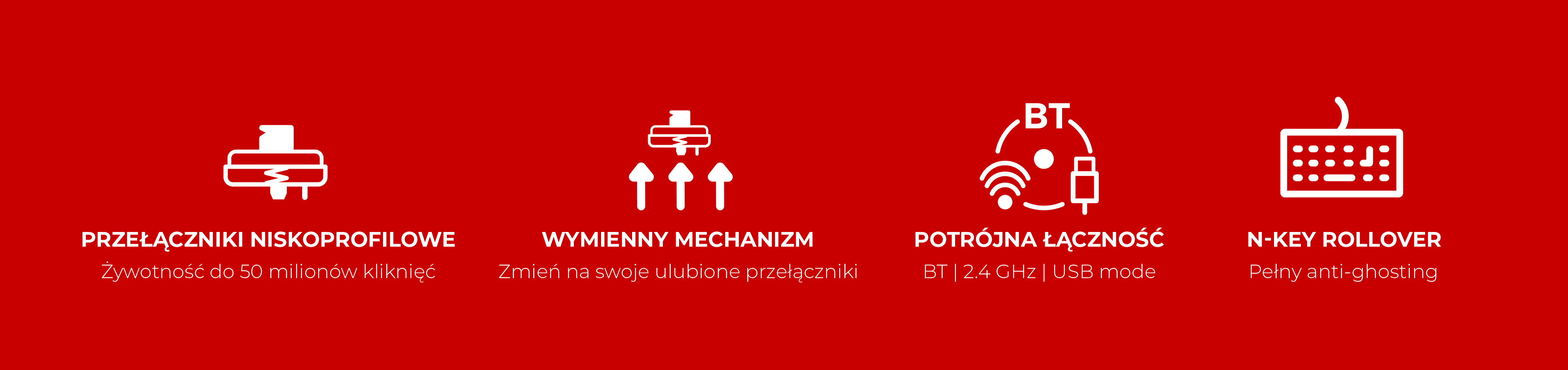 Cztery ikony: przełącznik niskoprofilowy, mechanizm wymienny, opcje łączenia i rollover klawiszy.