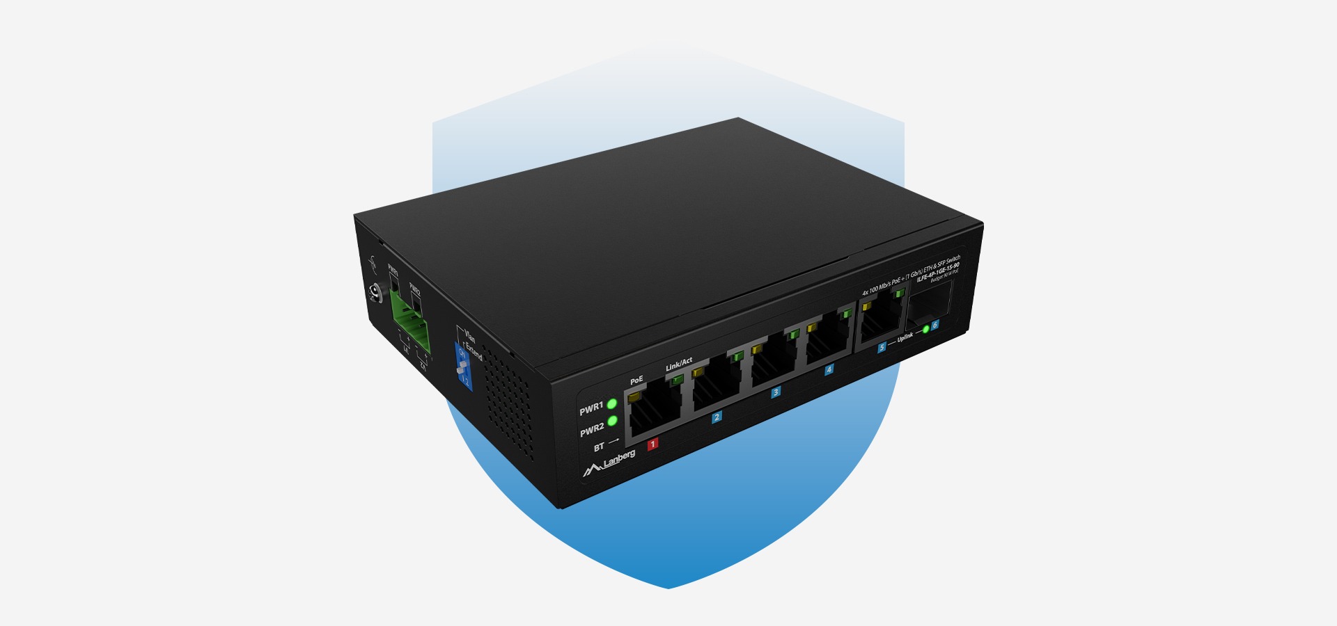 Urządzenie z wieloma portami sieciowymi i kontrolkami statusu połączenia.