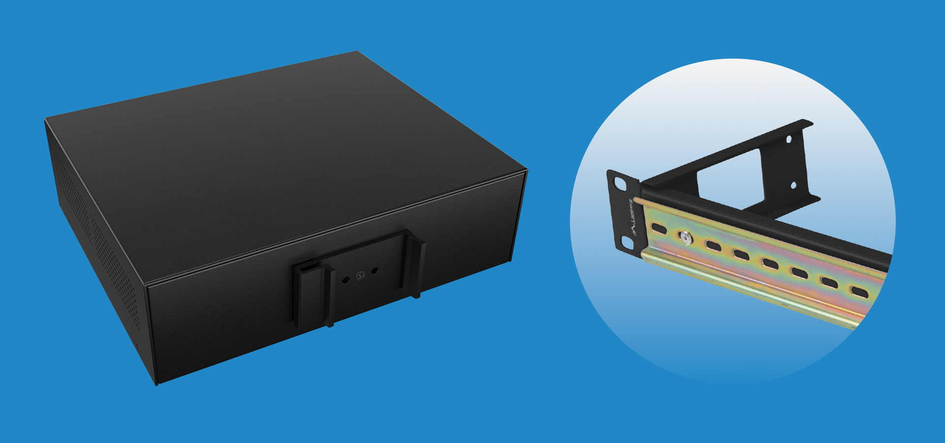 Czarna obudowa z małym otworem i uchwytem z wieloma złączami.