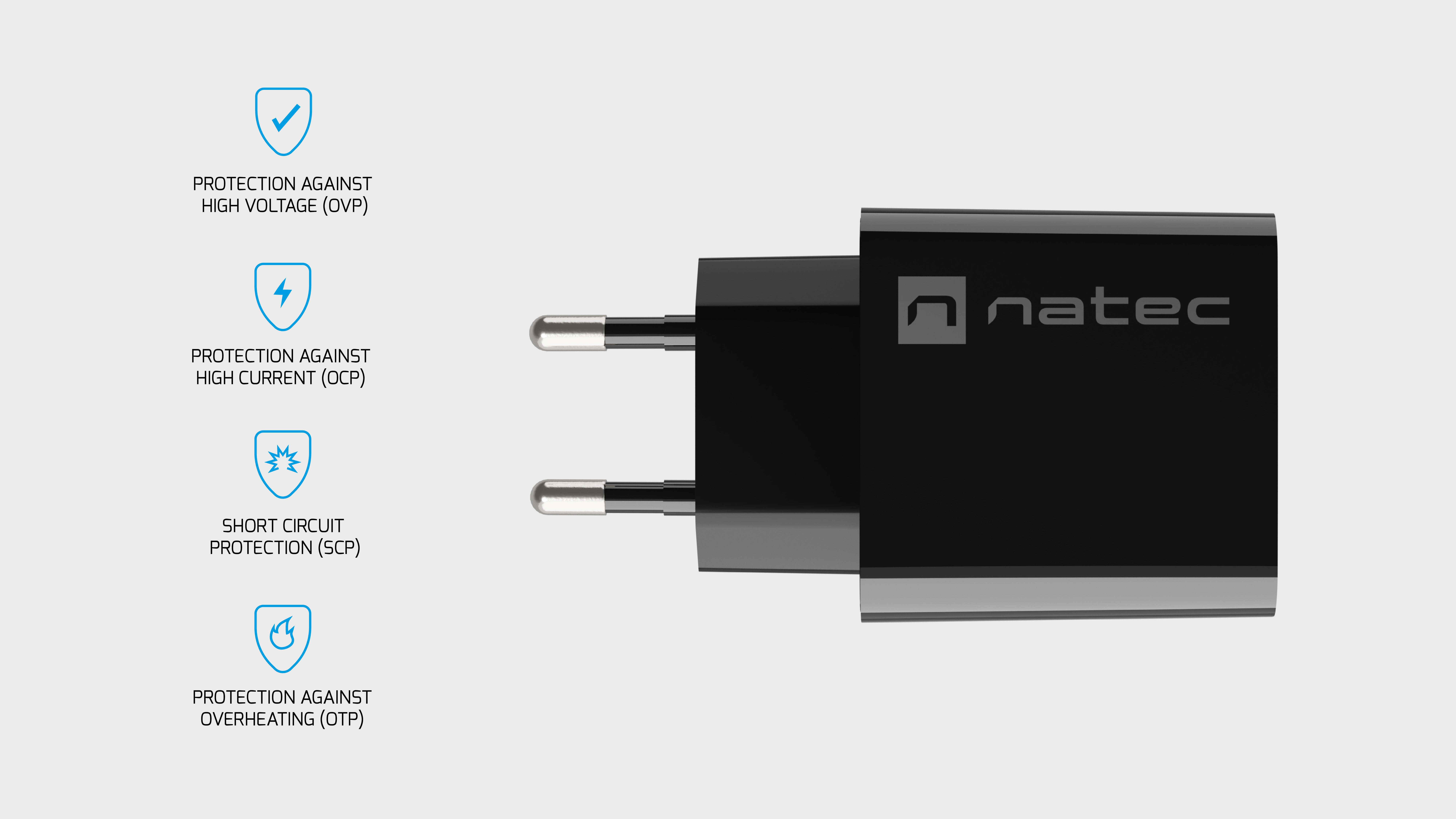Black charging adapter with three USB connection ports and various protection icons alongside