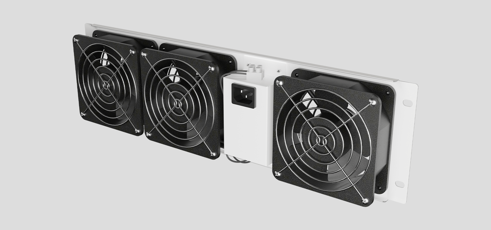 Pionowy panel wentylacyjny 19" z trzema wentylatorami 230 V, przeznaczony do obudów typu rack, z szarym wykończeniem