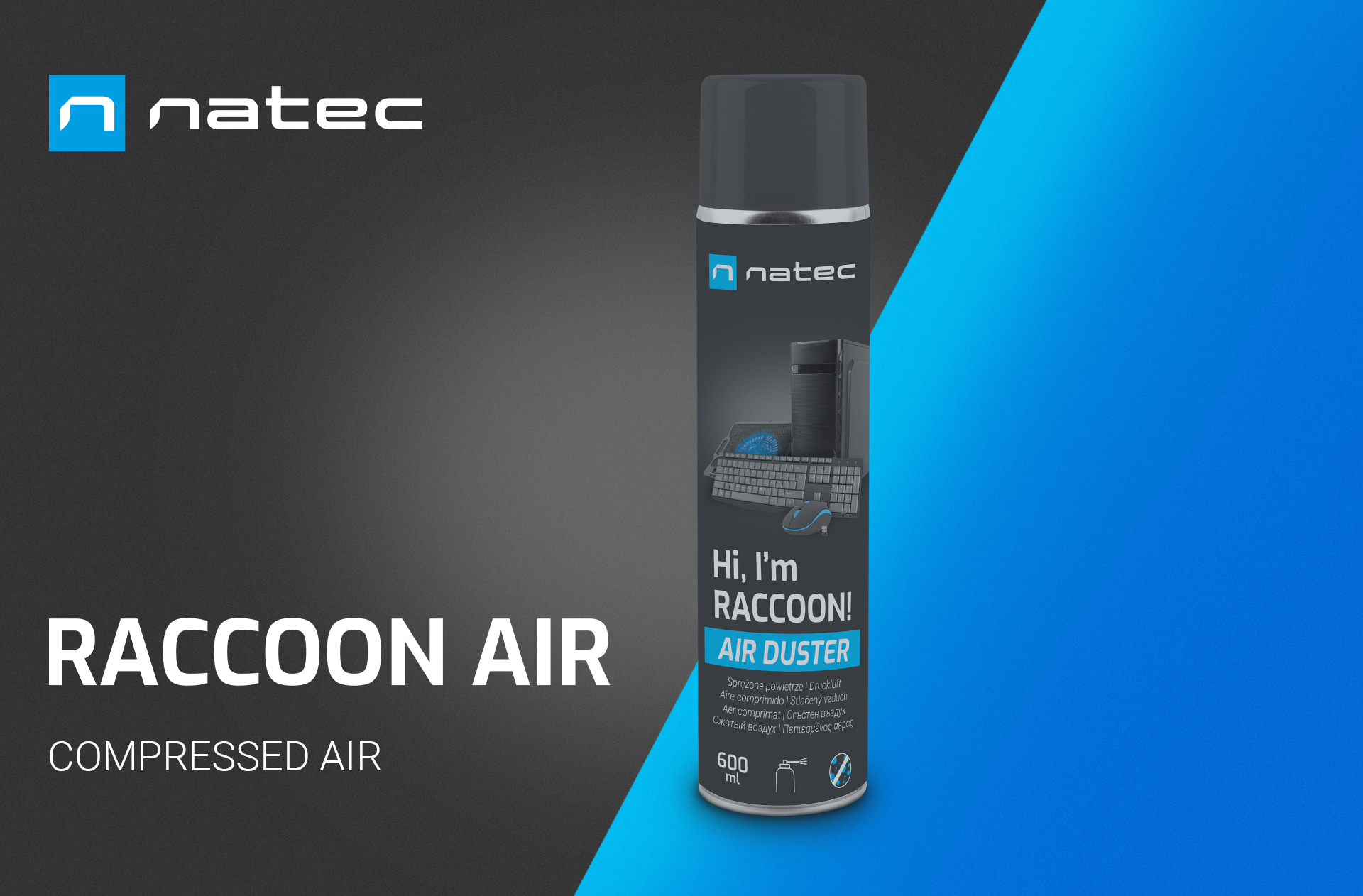 Can of compressed air from Natec Raccoon, 600 ml, featuring a sleek design with the text "Hi, I'm RACCOON! AIR DUSTER."