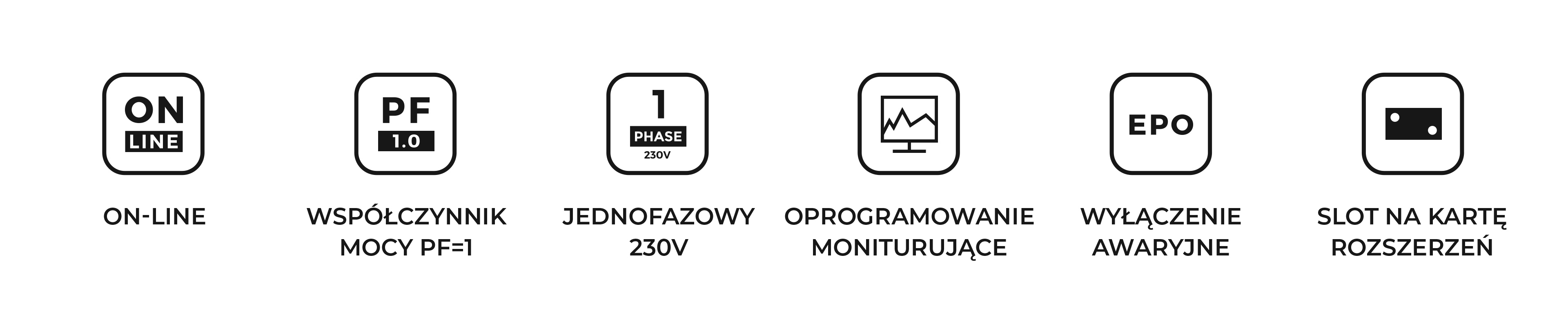 Ikony przedstawiające status online, współczynnik mocy, napięcie jednofazowe i programowanie montażu.