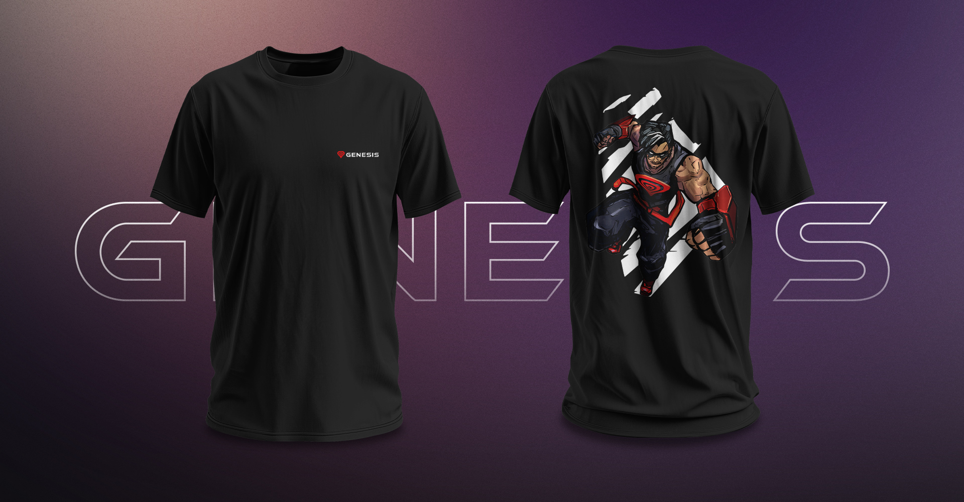 Czarny t-shirt z kolorową grafiką na plecach i logo z przodu.