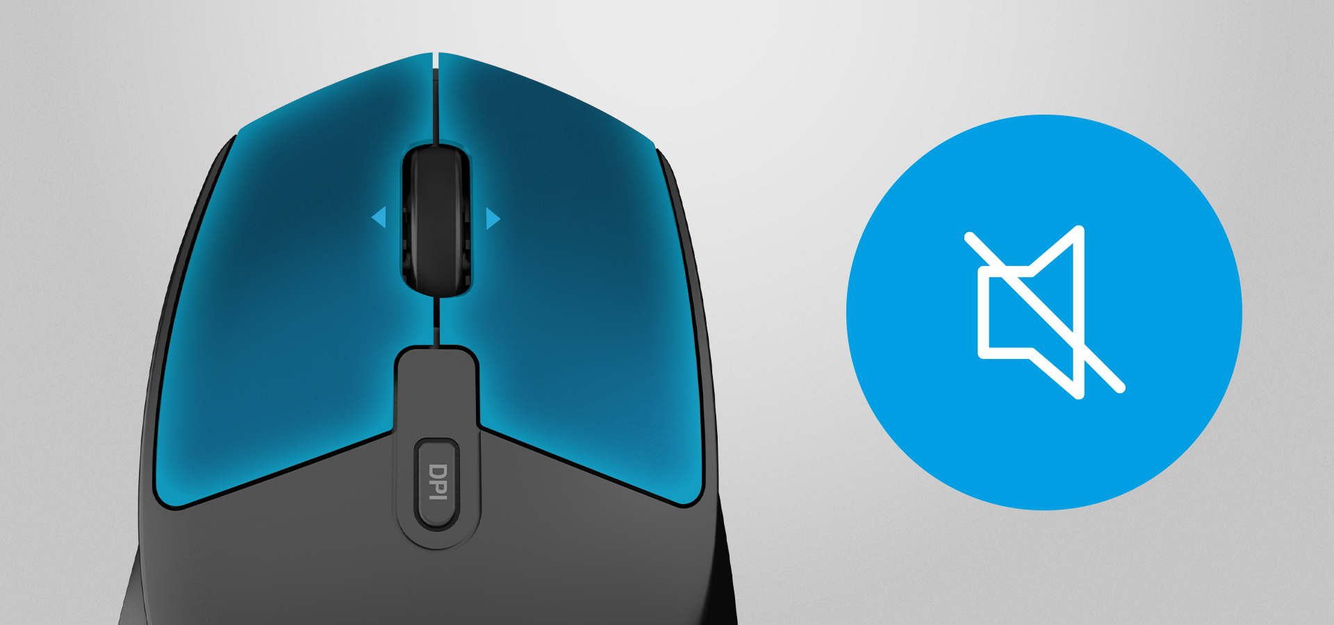 Bezprzewodowa myszka z niebieskim wierzchem i symbolem wskazującym cichą pracę.