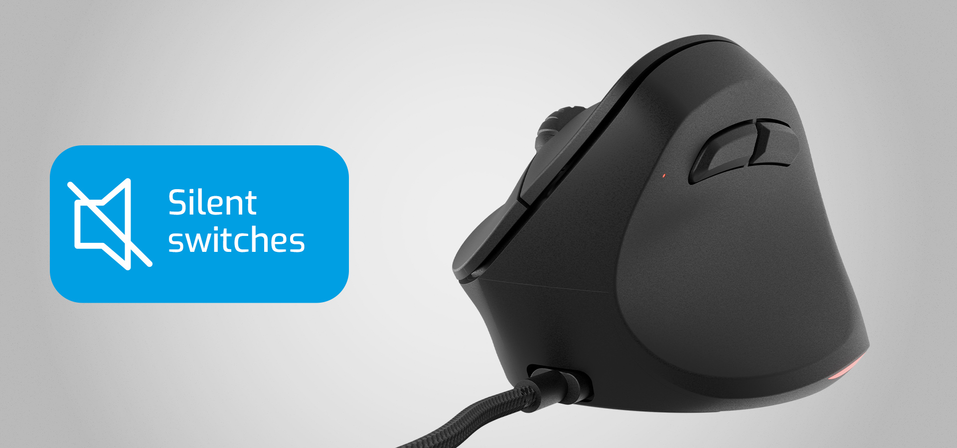 Computer mouse with a unique ergonomic shape and silent button features.