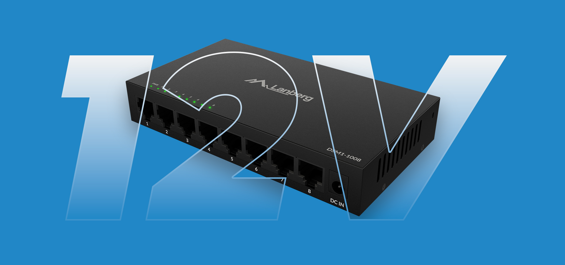 Urządzenie z wieloma portami sieciowymi i diodami wskaźnikowymi na niebieskim tle.