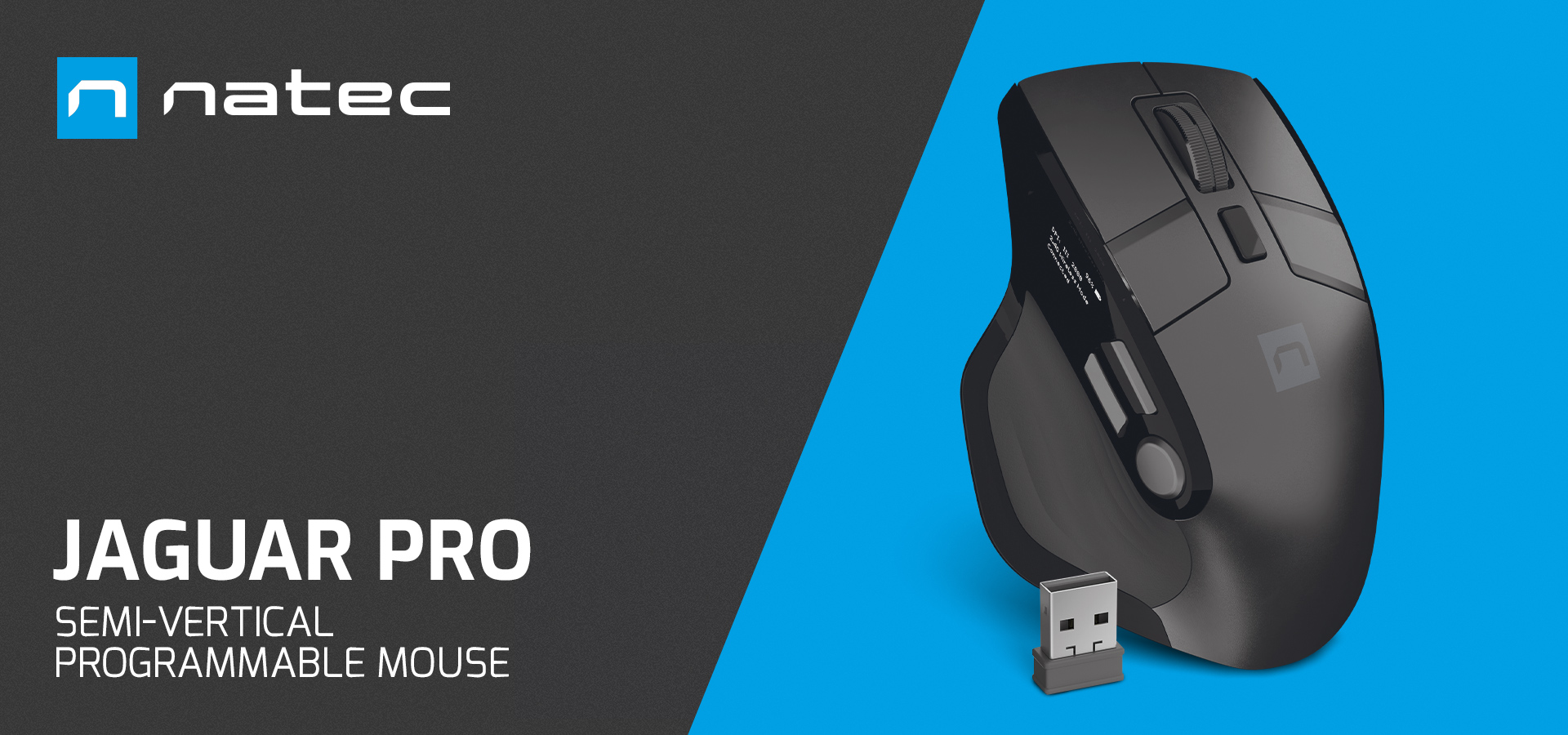 Semi-vertical programmable mouse with a connection dongle on a blue background.