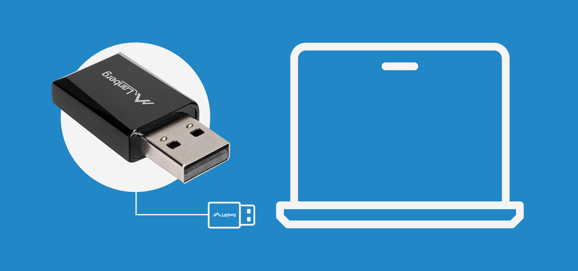 Karta sieci bezprzewodowej z wtyczką obok laptopa na niebieskim tle