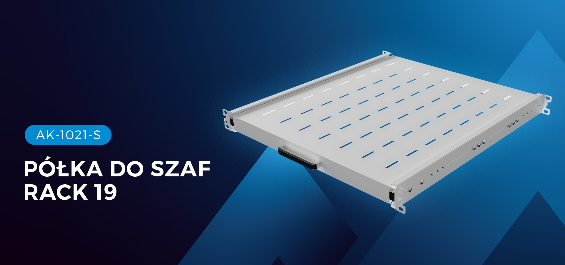 Szara półka rack 19" marki Lanberg o wymiarach 445 x 500 mm, wytrzymująca obciążenie do 35 kg dzięki 4-punktowej konstrukcji montażowej.