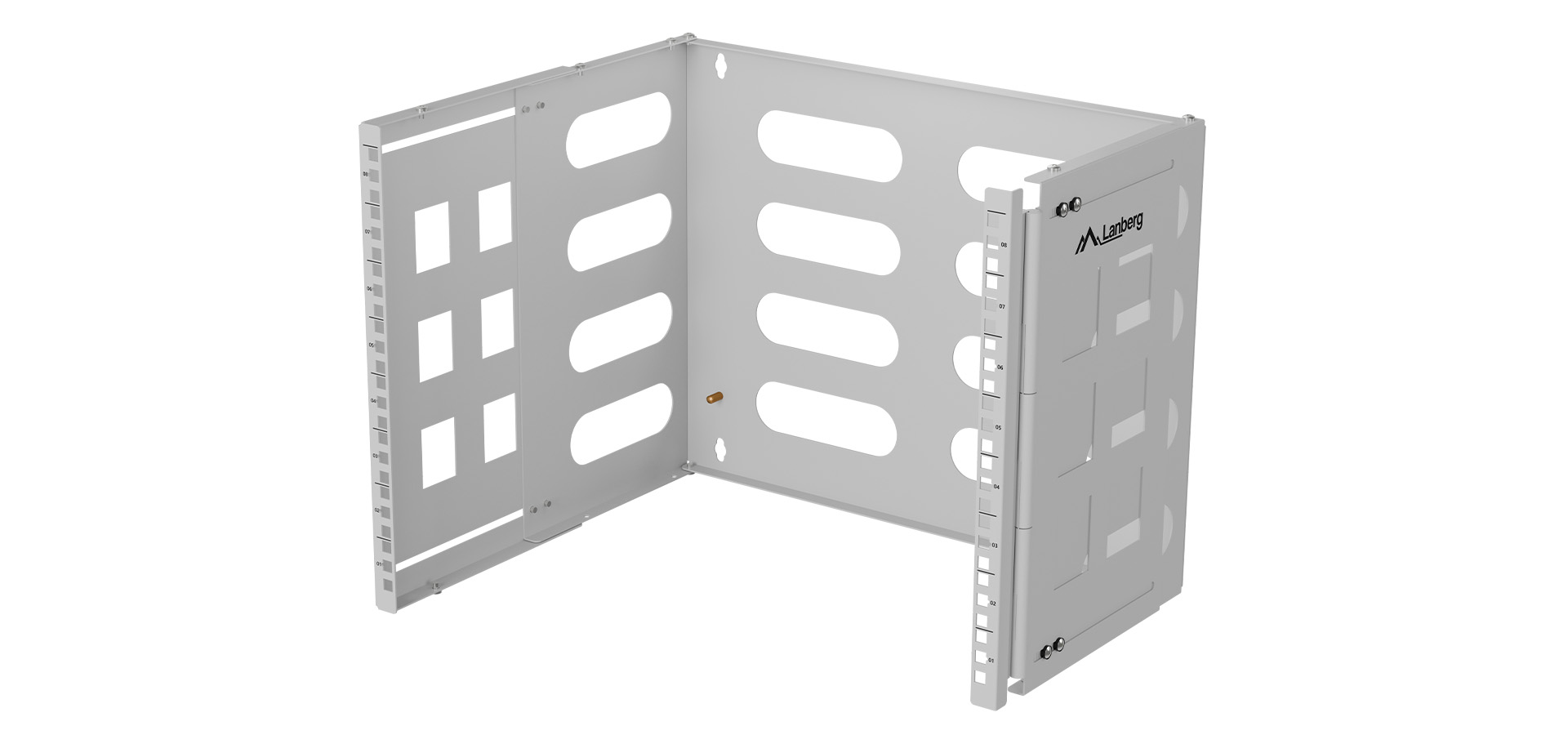 Metalowy uchwyt na urządzenie z wieloma otworami i wycięciami do pewnego mocowania elementów.