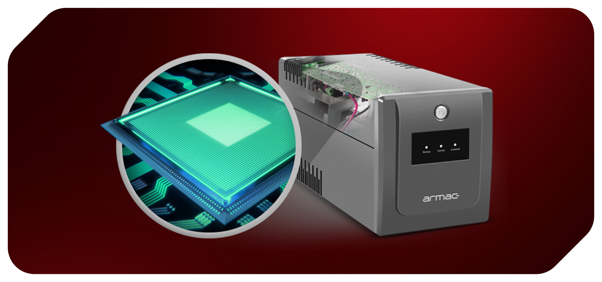 Urządzenie zasilania awaryjnego z lampkami i widocznymi obwodami obok w okrągłej ramce.