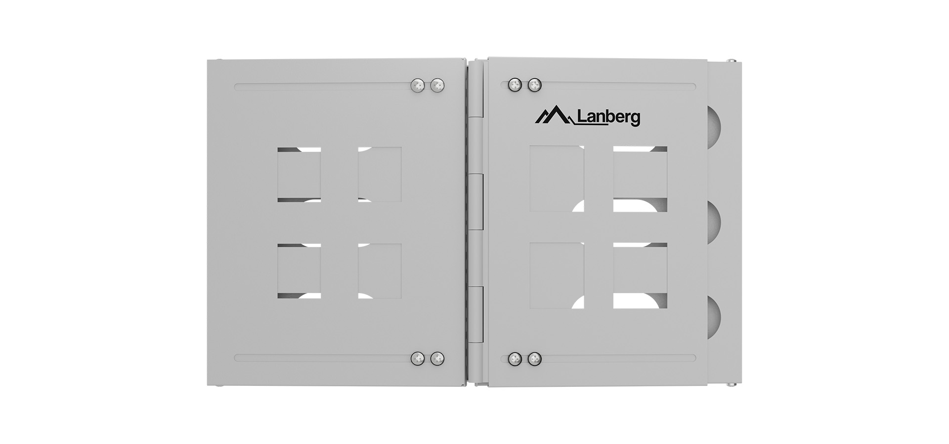 Szary metalowy zawias z wyciętymi wzorami i logo z jednej strony.