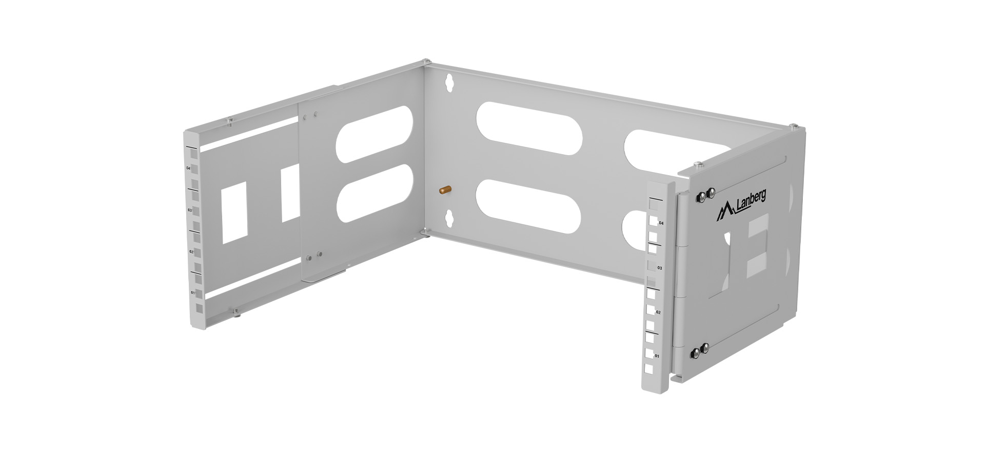 Biała metalowa rama z wieloma prostokątnymi wycięciami do montażu sprzętu lub urządzeń.