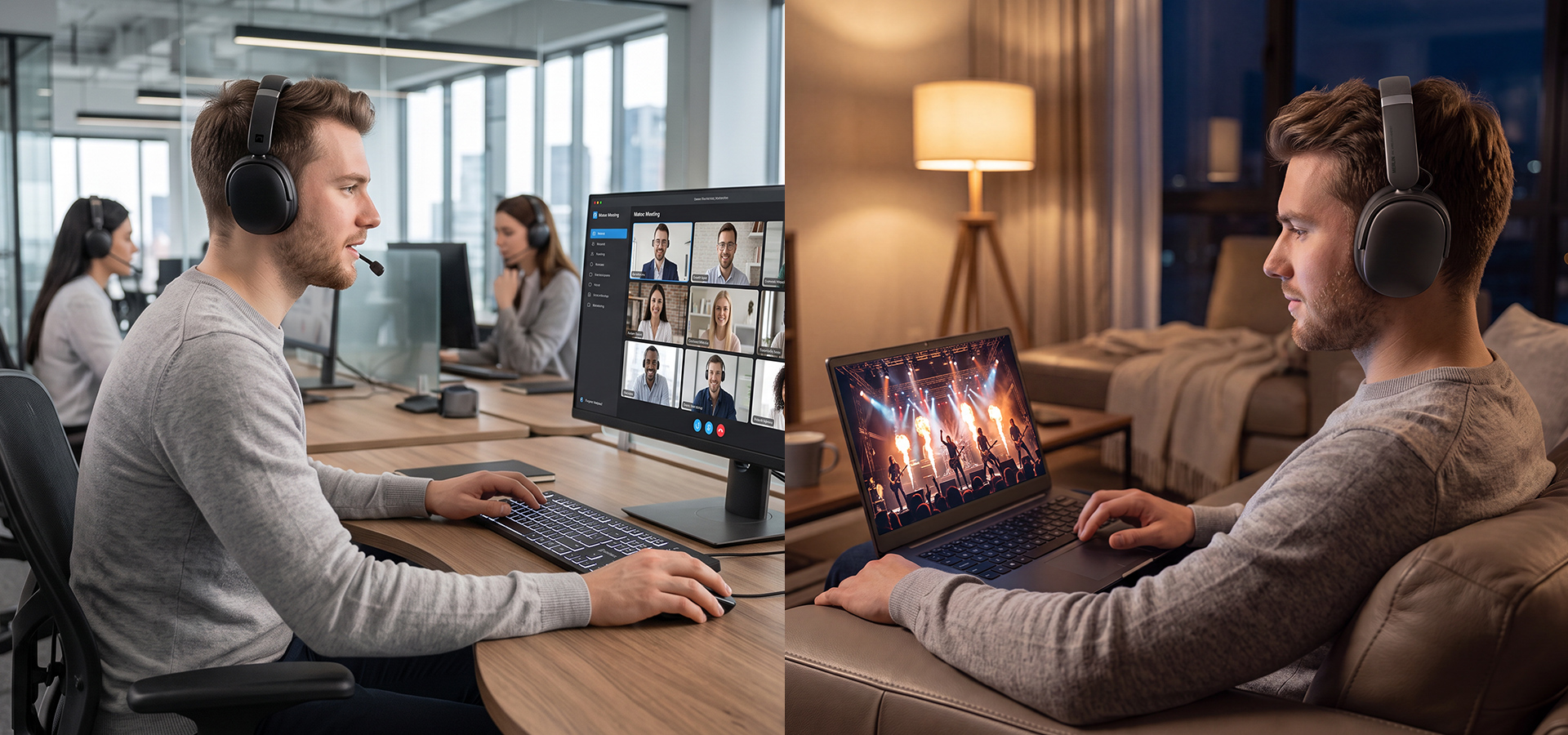 A person is using a computer with headphones in an office on one side and watching a movie at home.