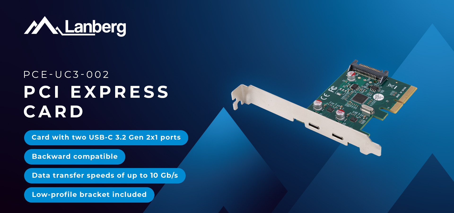 Expansion card featuring two connection ports and a low-profile mounting bracket.