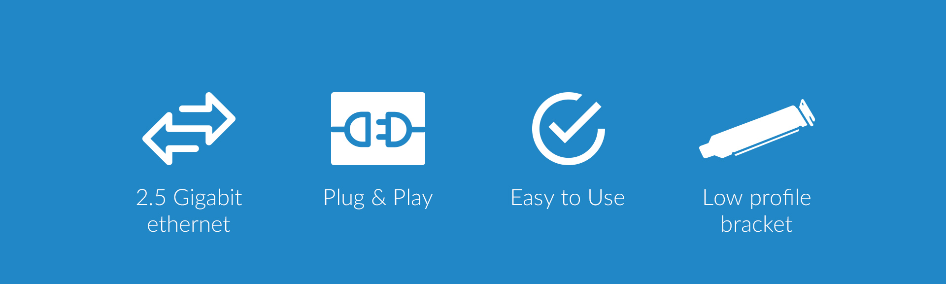 Four icons representing features including fast connectivity and simple installation.