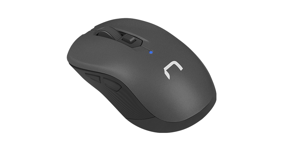 Wireless mouse in black color with a glowing blue light and two buttons on the top.
