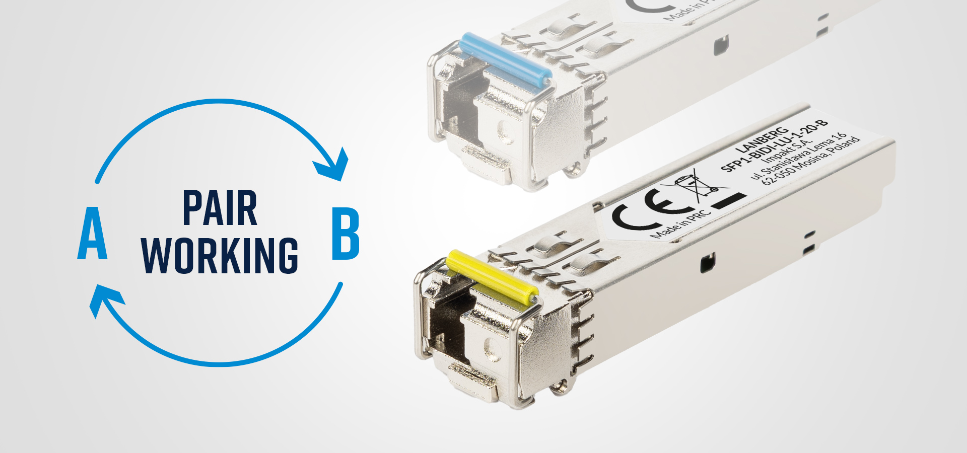 Two optical modules with different colored tabs and a circular diagram indicating pairing.