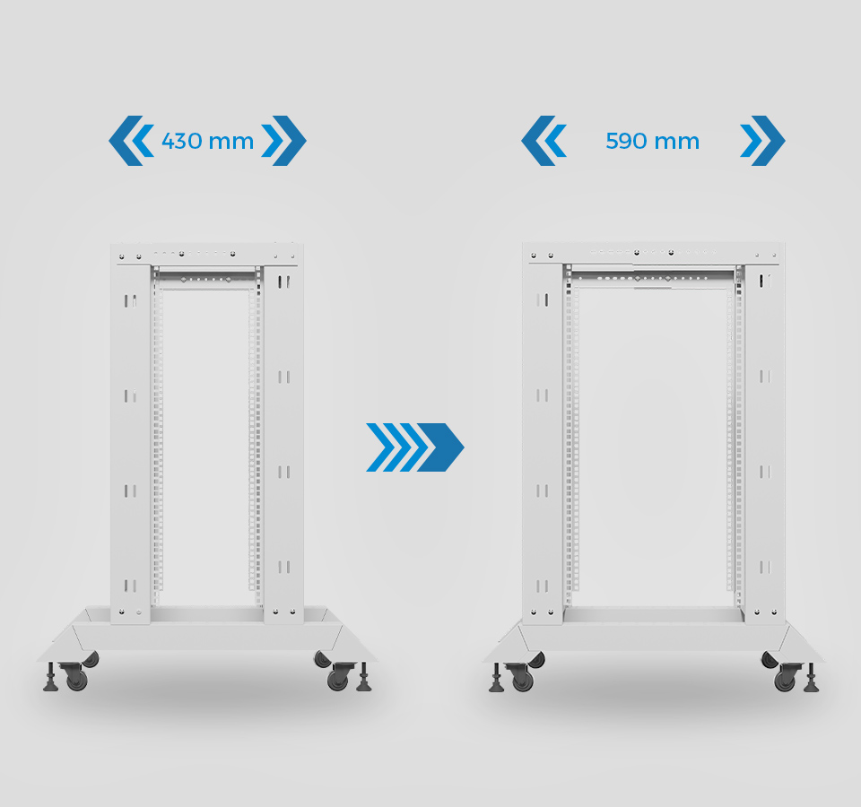 Regulowana otwarta szafa rack 19", wysokość 32U, kolor szary, wymiary 430 mm i 590 mm z kółkami tocznymi