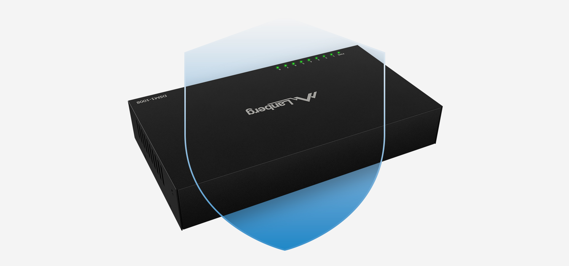 Czarny urządzenie z wskaźnikami świetlnymi i graficznym symbolem tarczy przed nimi.