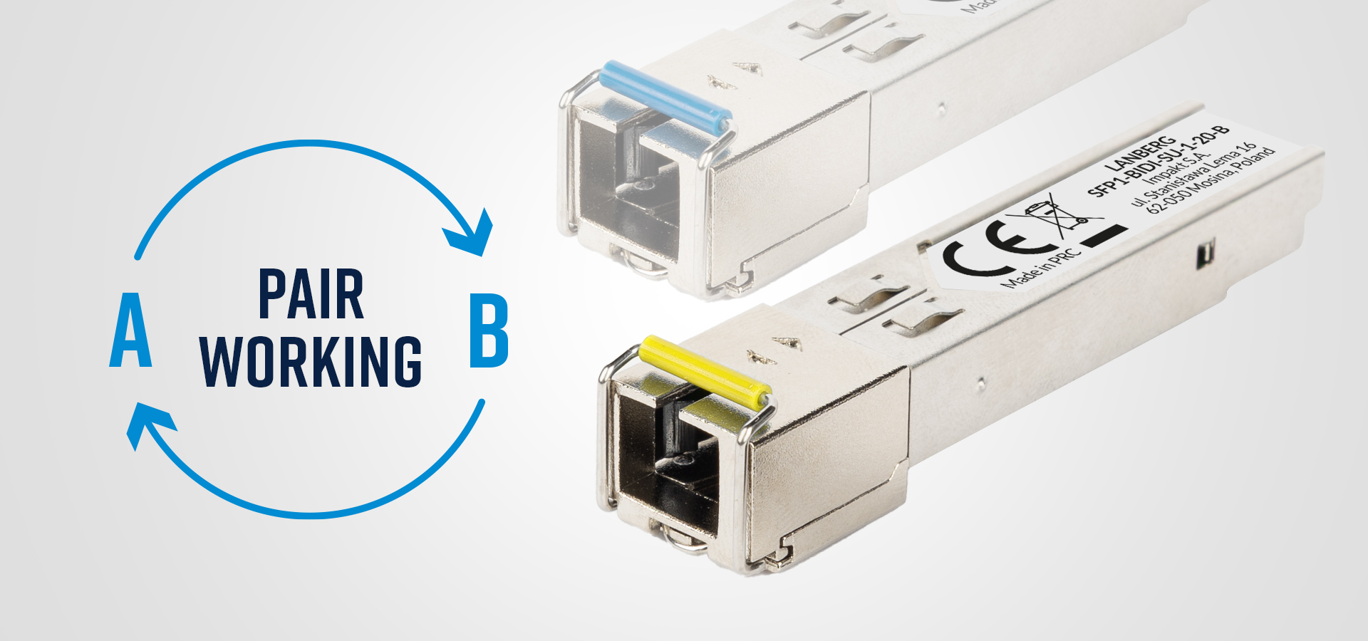 Two optical transceiver modules with different color markings for connection pairing.
