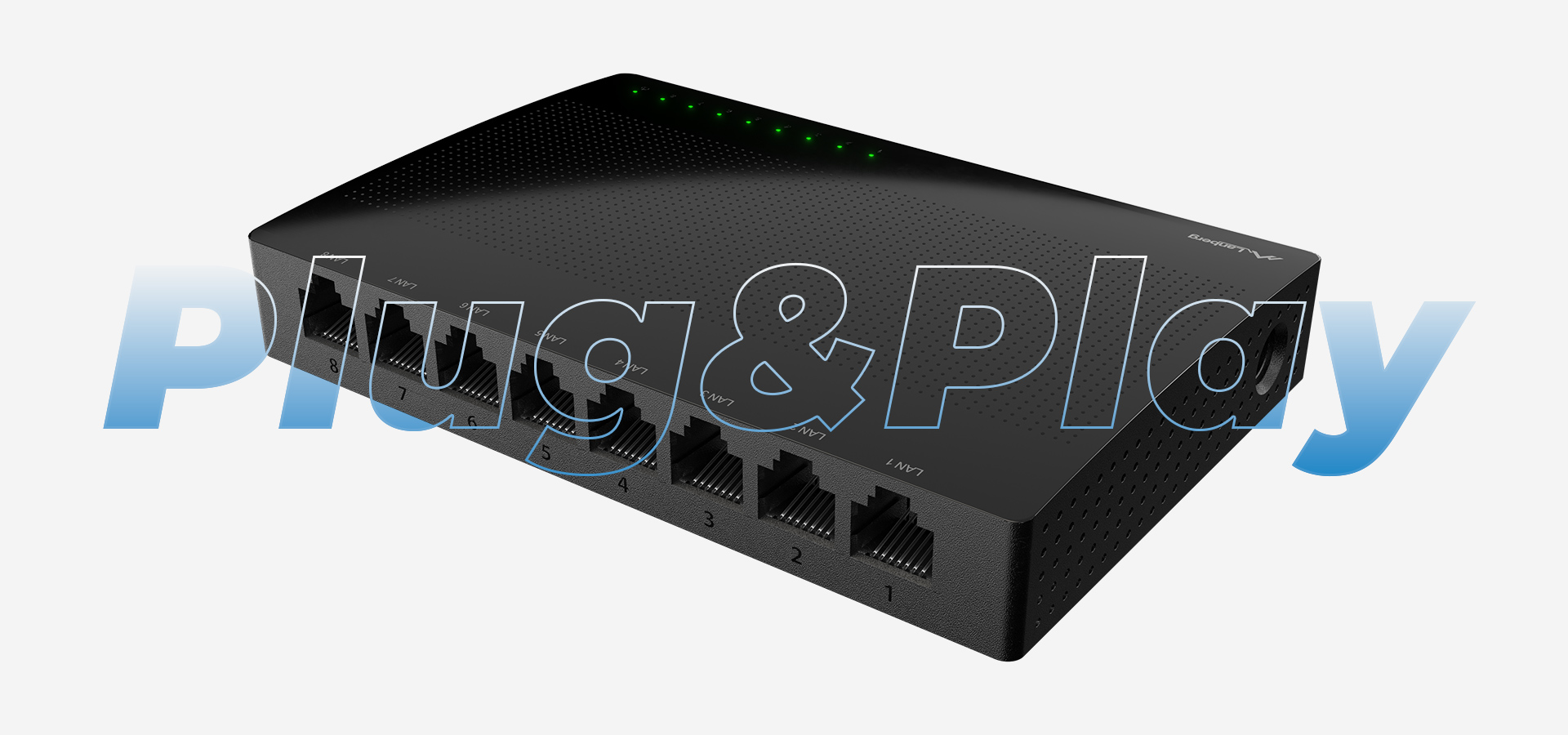 Czarny urządzenie sieciowe z wieloma portami i diodami LED na górze.