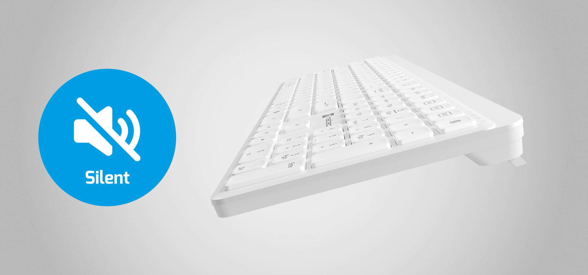 White keyboard angled to the side with a blue icon indicating silent operation.