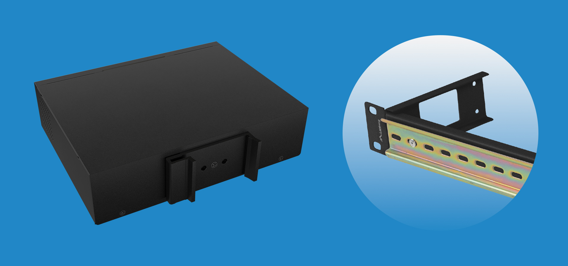 Czarna prostokątna obudowa obok okrągłej grafiki metalowego uchwytu z kolorowymi złączami.