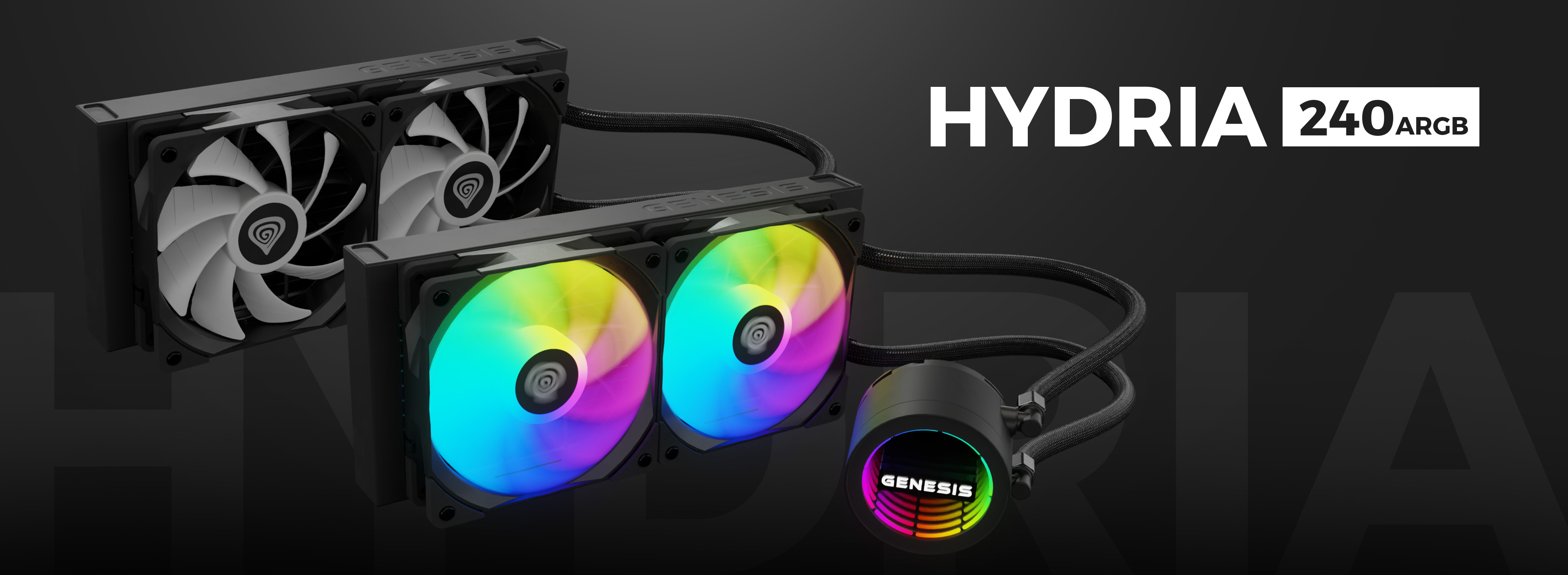 Schwarzer Genesis Hydria 240 ARGB Flüssigkeitskühler mit zwei beleuchteten Lüftern und einem schlanken Pumpendesign
