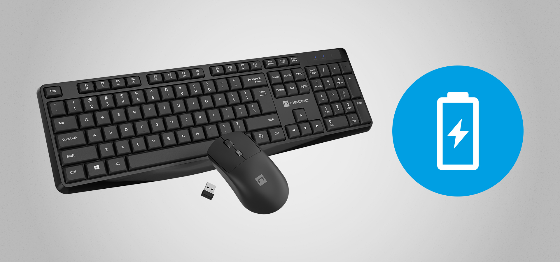 Black keyboard with a matching mouse and a small wireless connection adapter.