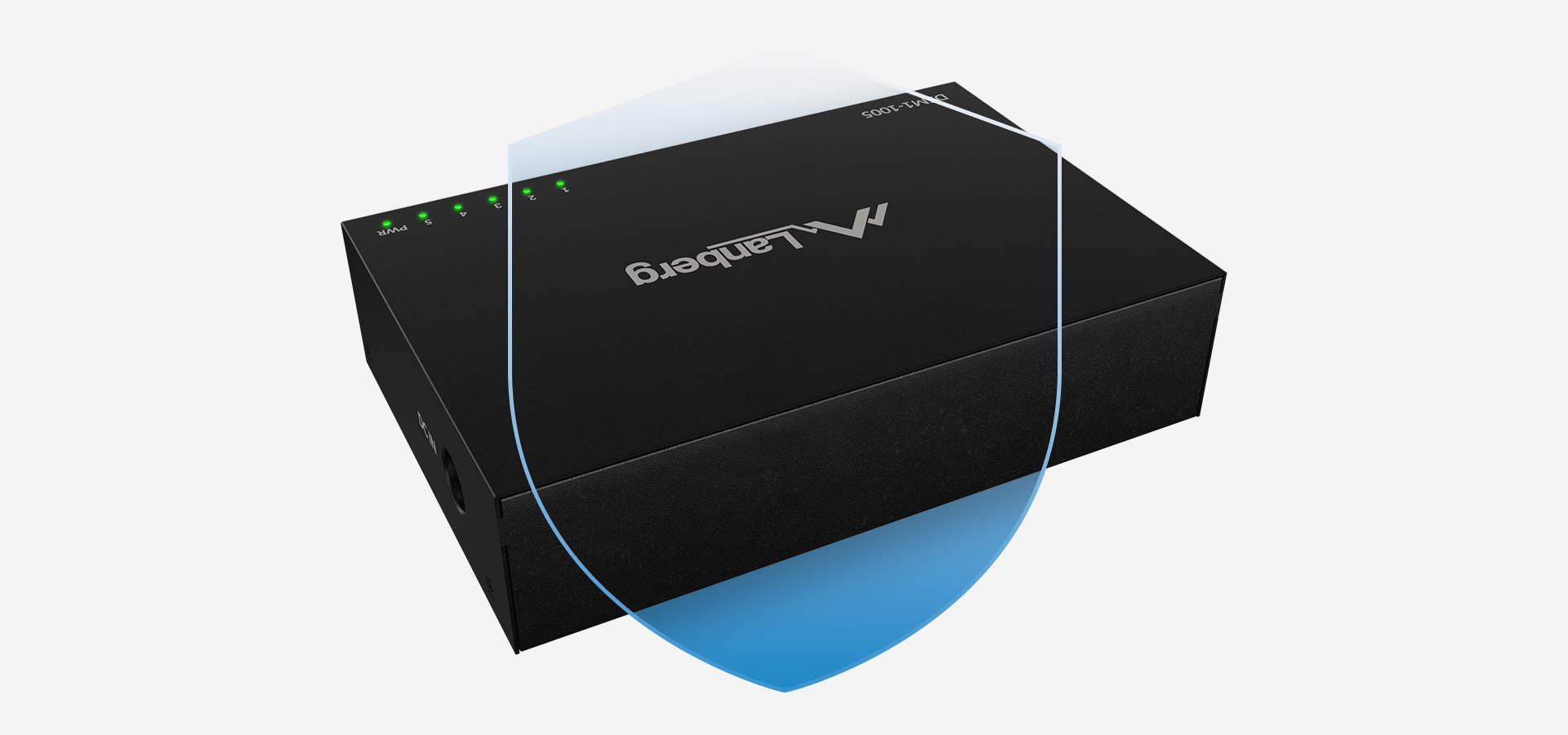 Urządzenie z diodami sygnalizacyjnymi i symbolem tarczy, zaprojektowane do ochrony sieci.