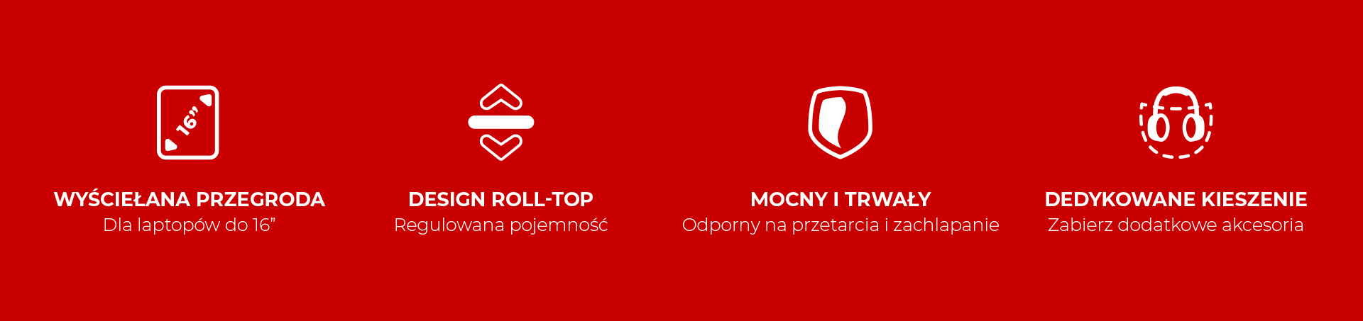 Cztery ikony na czerwonym tle przedstawiające różne cechy produktu.