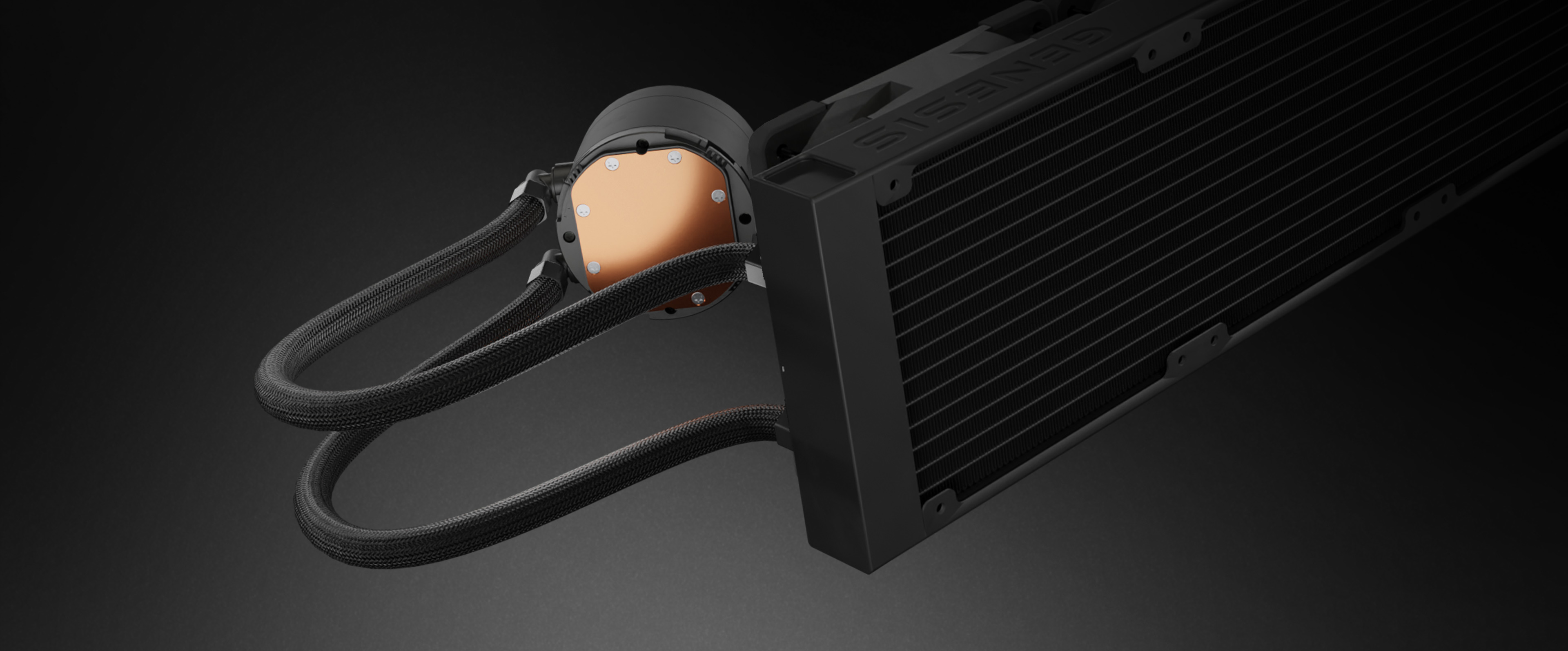 Schwarze Genesis Hydria 360 ARGB Wasserkühlung mit Kühler und Pumpe mit Schläuchen für effiziente Wärmeableitung